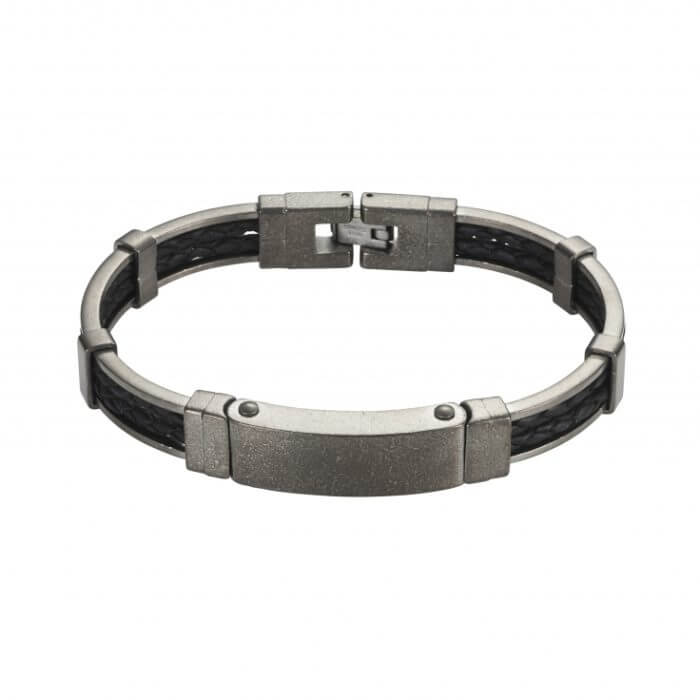 640-29DMW ifmheemstede cudworth armband | ION PLATED ANTIQUE GUN METAL STAINLESS STEEL/BLACK LEATHER BRACELET