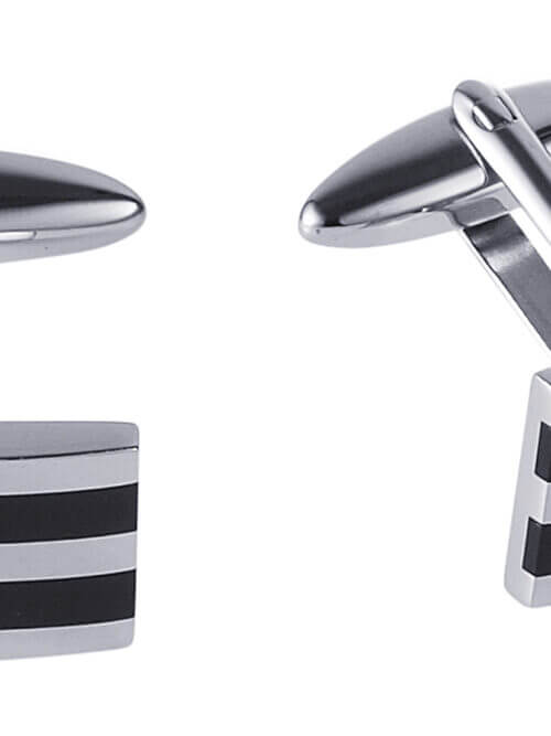 IFM 290-07 POLISHED STAINLESS STEEL ION PLATED BLACK STRIPED CUFFLINKS