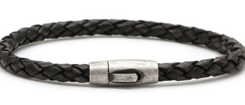 IFM 630-63 BLACK LEATHER PLAITED BRACELET WITH ANTIQUE PLATED STAINLESS STEEL CLASP