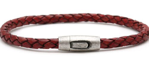 IFM 630-65 RED LEATHER PLAITED BRACELET WITH ANTIQUE PLATED STAINLESS STEEL CLASP